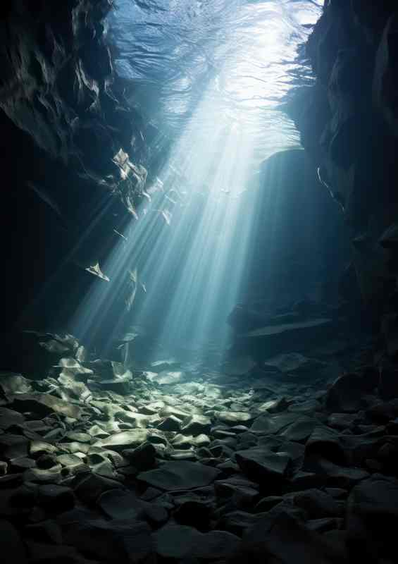 The ocean floor in a cavern is illuminated by light | Metal Poster
