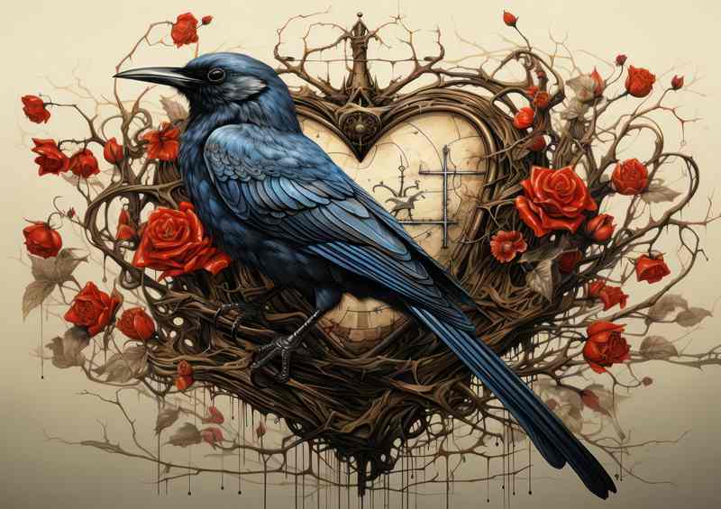 Jackdaw with red roses and love | Metal Poster