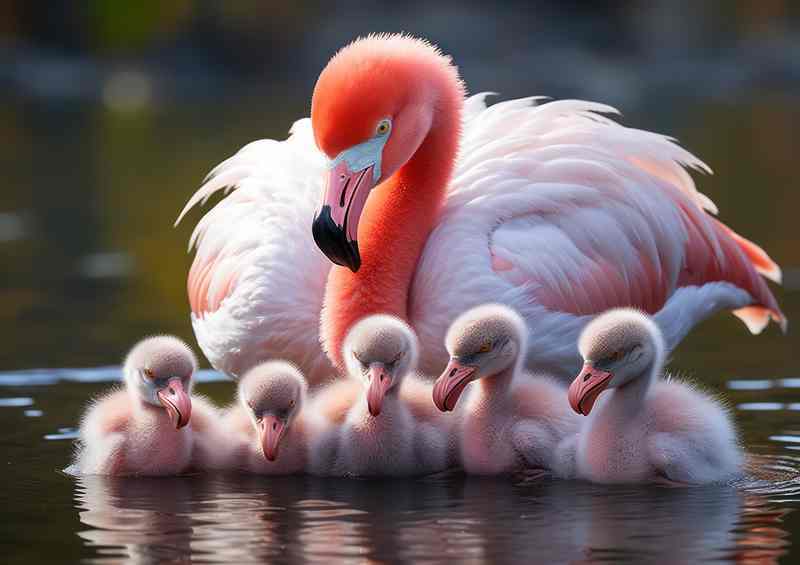 Mum Flamingo teaching her babies to swim on the water | Metal Poster