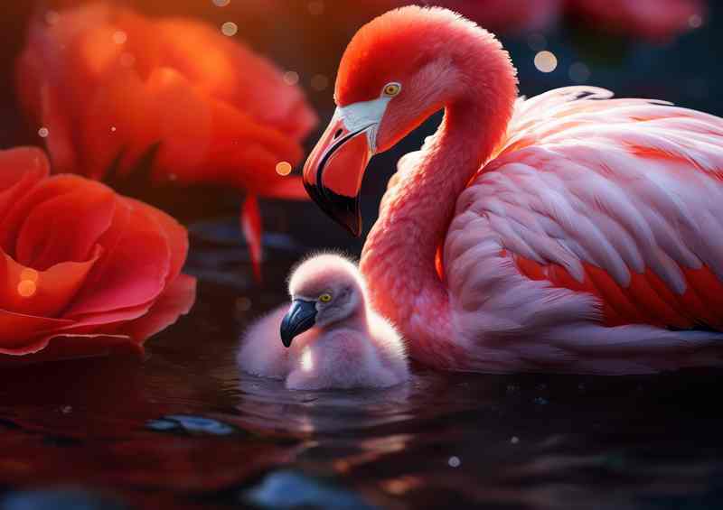 Newborn Flamingo & Mom Metal Poster