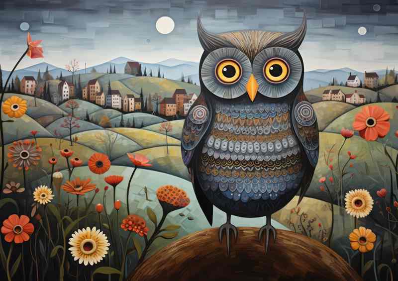 Owl In the countryside painted style art | Metal Poster