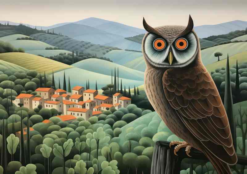 Owl overlooking the houses in the background | Metal Poster