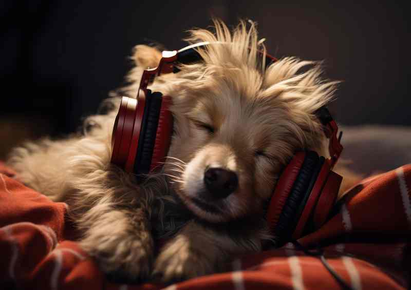 A dog is wearing headphones and sleeping | Metal Poster