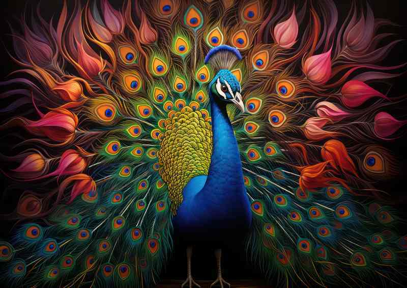 Peacock in a colourful display | Metal Poster