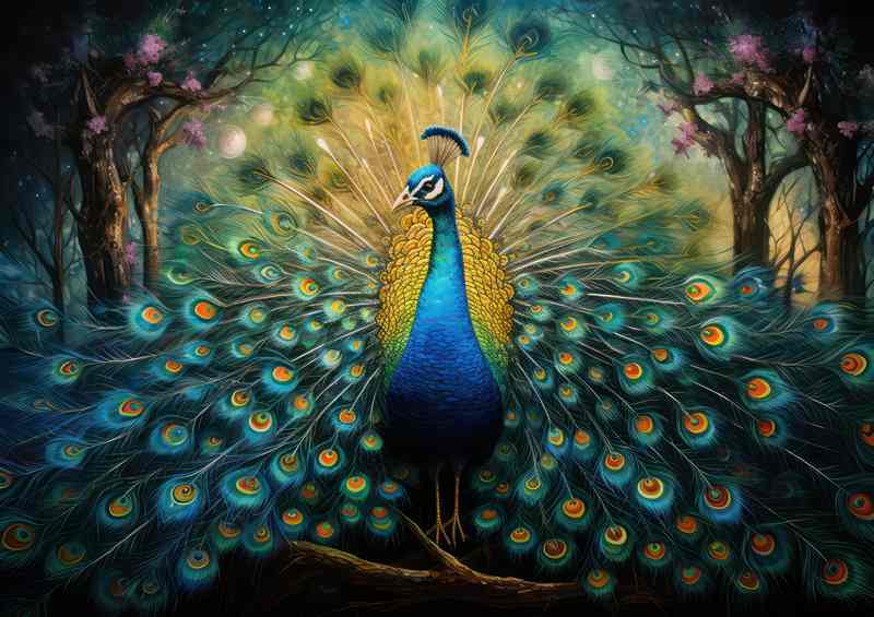 Peacock in the woods showing all its bloomage | Metal Poster