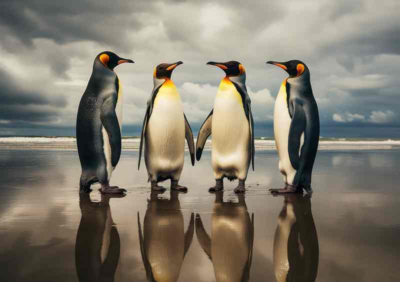 Penguins on a beach having a conversation | Metal Poster