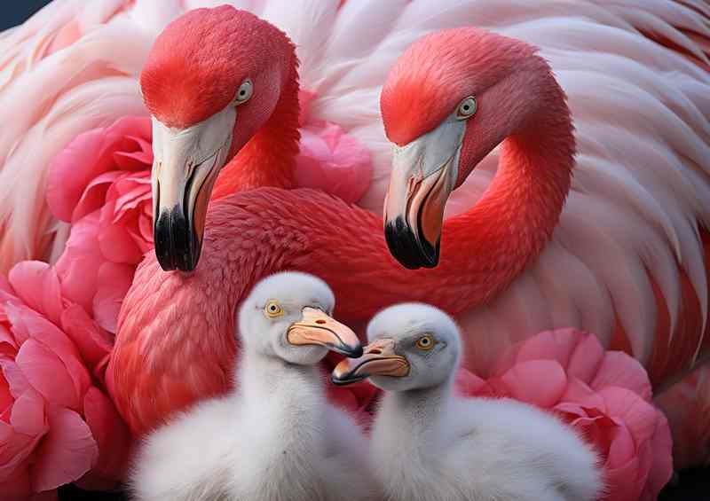 Pink Flamingos and Their Adorable Chicks A Family | Metal Poster