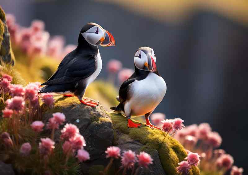 Puffins in Iceland on the cliff top | Metal Poster