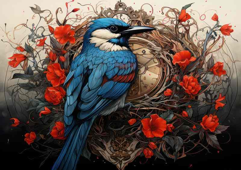 Small Bird surounded by red flowers | Metal Poster