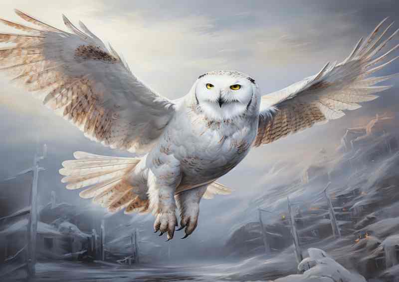 Snowy Owl In Flight across the snow | Metal Poster