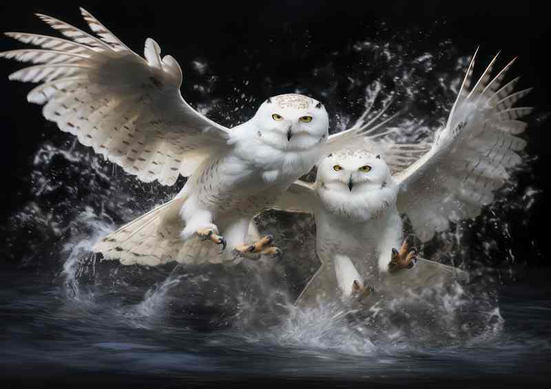 Snowy owls in mid flight over water | Metal Poster