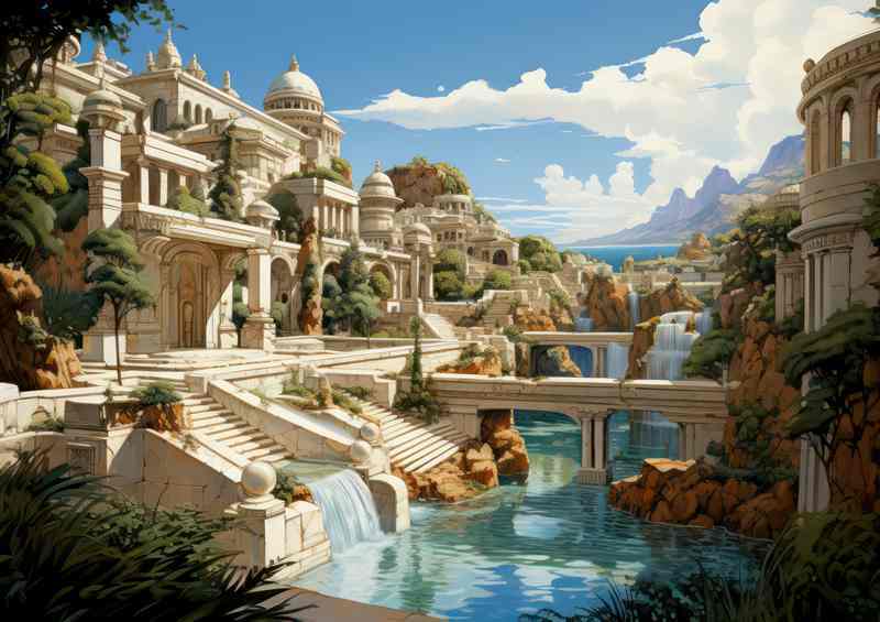 An Old Temple Garden With A Waterfall In The Lake | Metal Poster