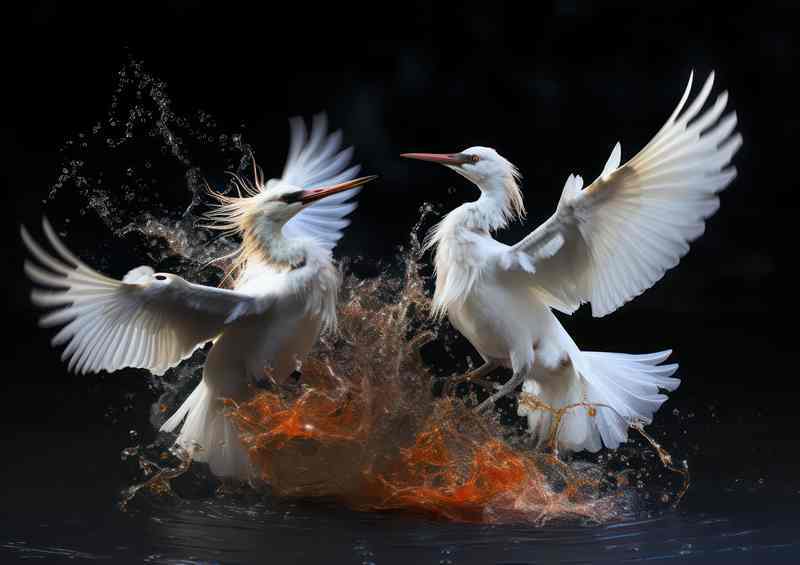 Two egrets birds fighting in the water | Metal Poster