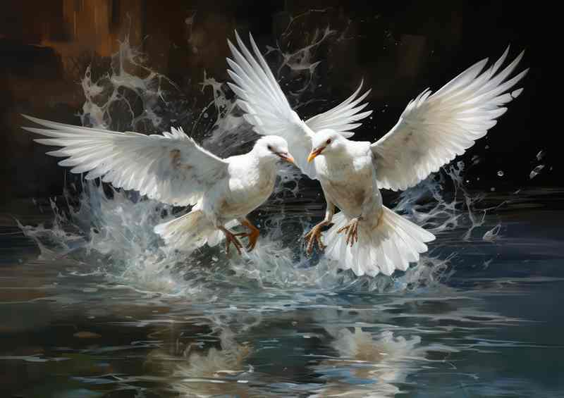 White Birds Having A fingt in the water | Metal Poster