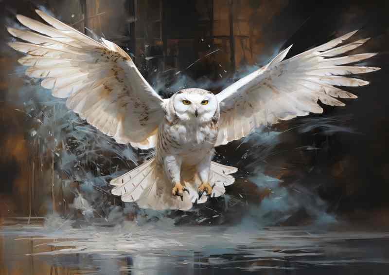 White yound snowy Owl in take off mode | Metal Poster