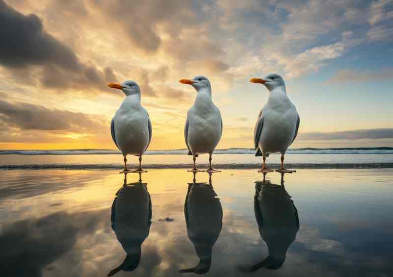 three seaguls standing on a beach with reflection | Metal Poster