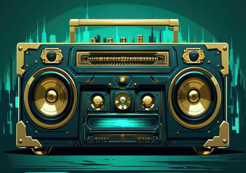 Cartoon illustration of a boombox blue and green | Metal Poster