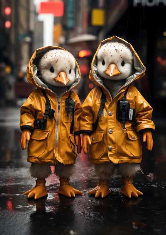 Cute Ducks In the rain with Jackets on | Metal Poster