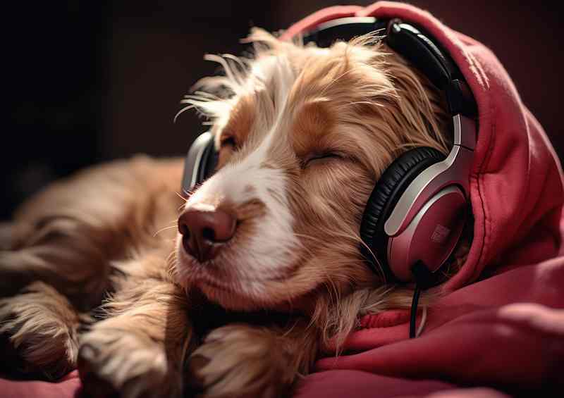Dog is wearing headphones and sleeping in her hoodie | Metal Poster