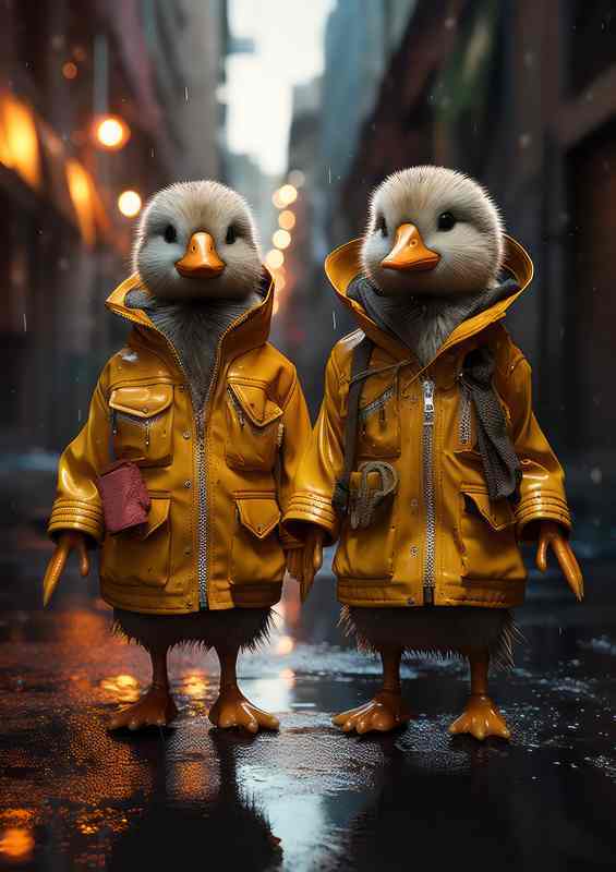 Ducks walking wearing yellow raincoats | Metal Poster