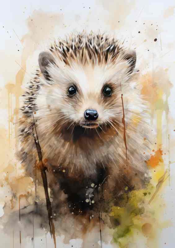 Hedgehog watercolours surrounded by bushes | Metal Poster