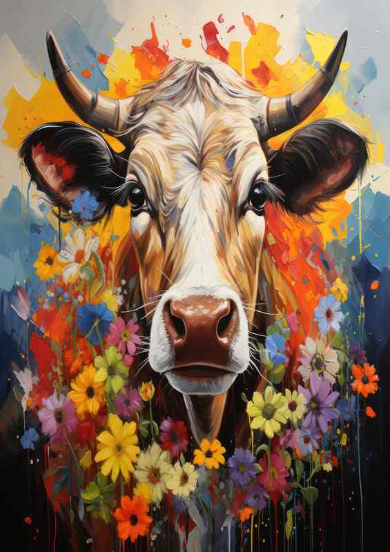 Moo tiful Pastures cow surrounded by flowers | Metal Poster