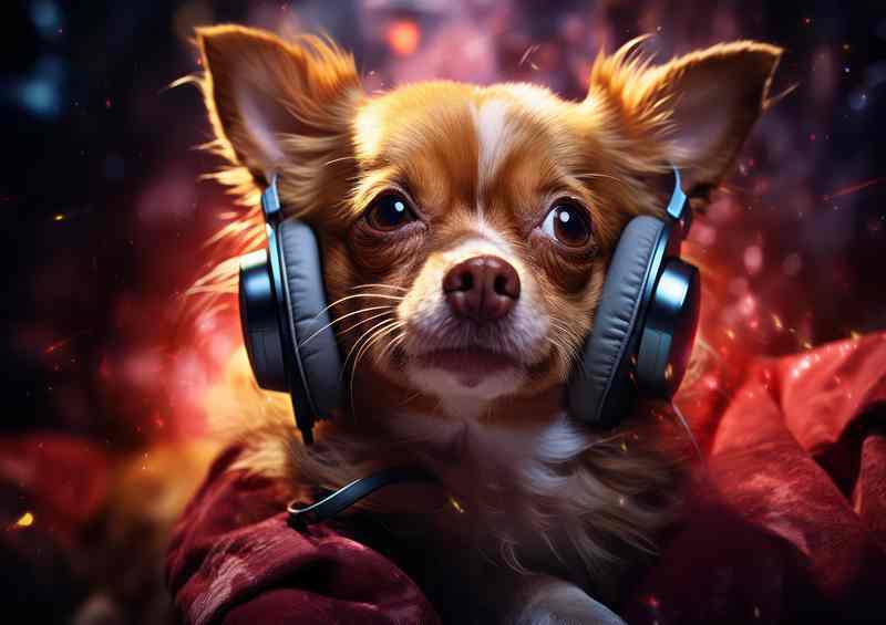 Red chihuahua dog listening to music on headphones | Metal Poster