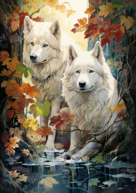 White Dogs by the stream in the woods | Metal Poster