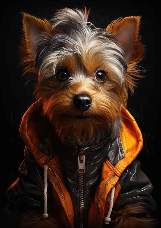Yorkshire terrier with a hoodie coat on | Metal Poster