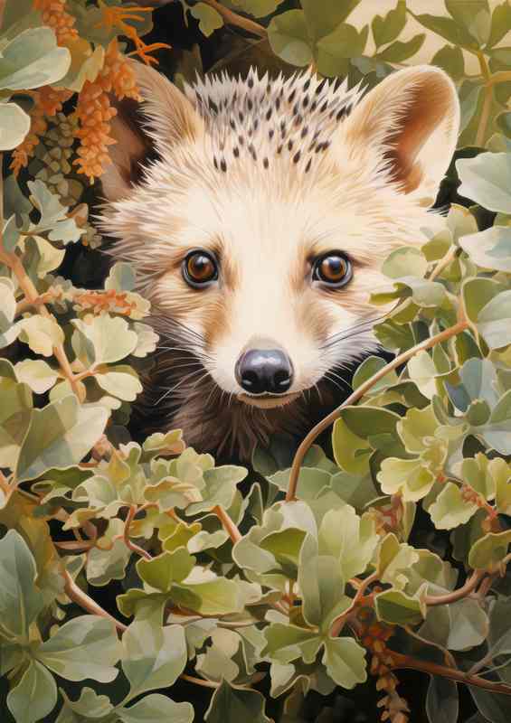 hedgehog nessled in the bushes looking out | Metal Poster