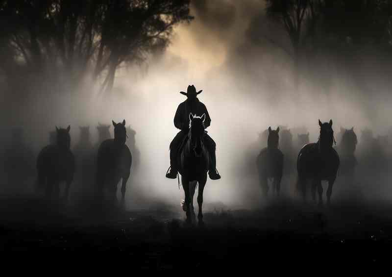 Cowboy leading his horses black and white | Metal Poster