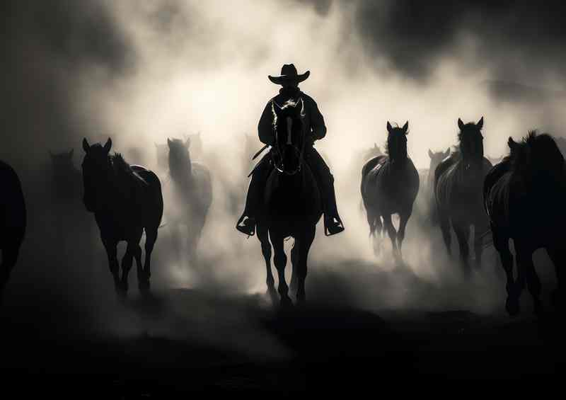Cowboys hurding horses on the ranch | Metal Poster