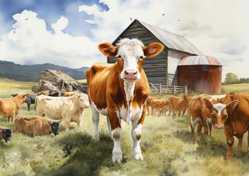 Cows Grazing on the Farm | Metal Poster