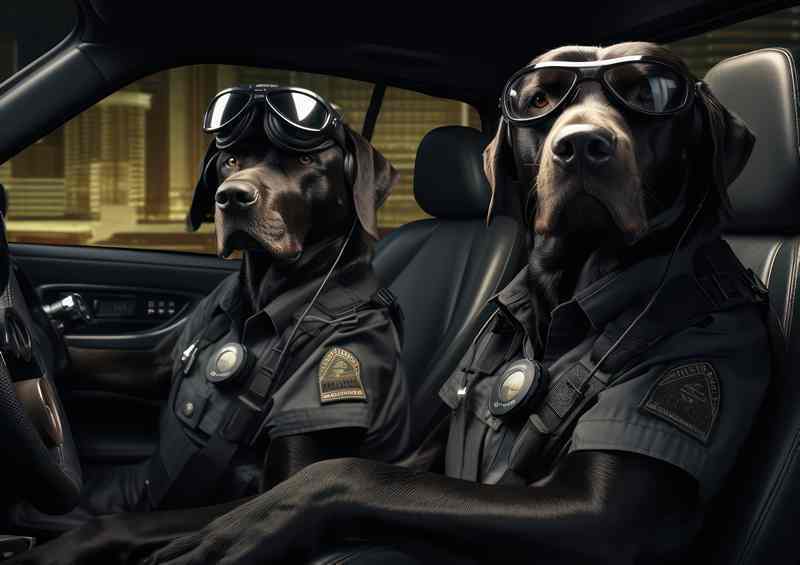 Dogs In Security Outfits Doing the patrol | Metal Poster