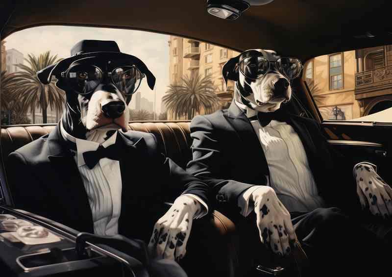 Dogs Sitting in the car all dressed up in suits | Metal Poster
