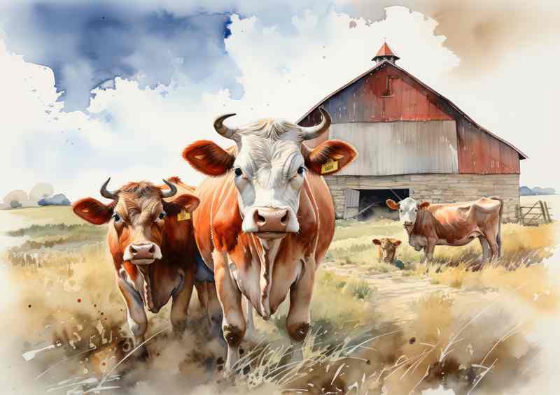 Life on the Farm A Close Look at Cows near the barn | Metal Poster