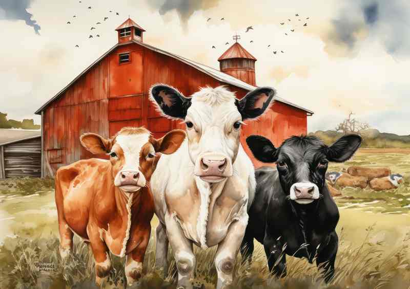 The Peaceful Pastoral Cows Grazing on the Farm | Metal Poster