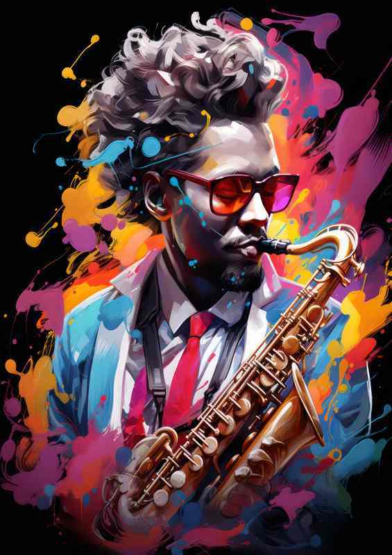A person playing saxophone along with splash art cool | Metal Poster