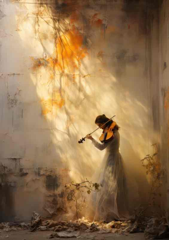 A shadow of a woman playing the violin in the sun light | Metal Poster