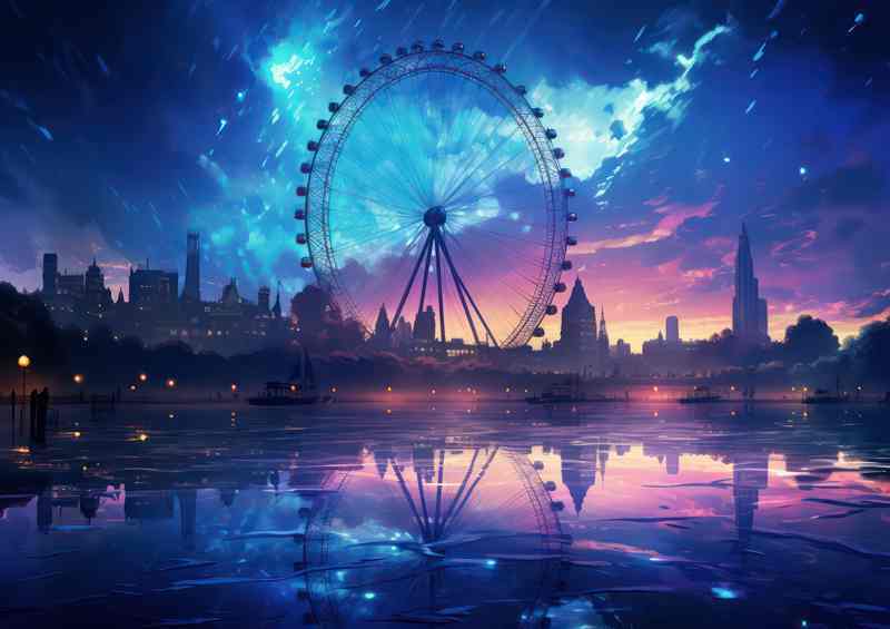 London Wheel Glowing Sky Metal Poster