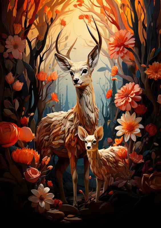 Dreamy Woodland Deer & Cub Metal Poster