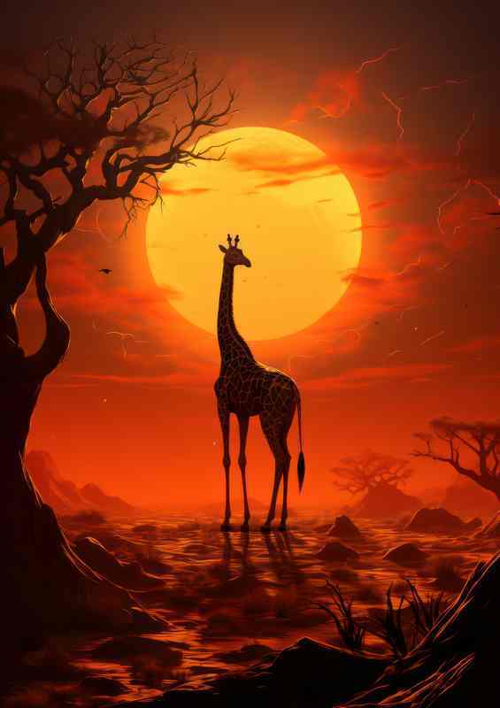 A Giraffe in silhouette with the orange sun setting | Metal Poster