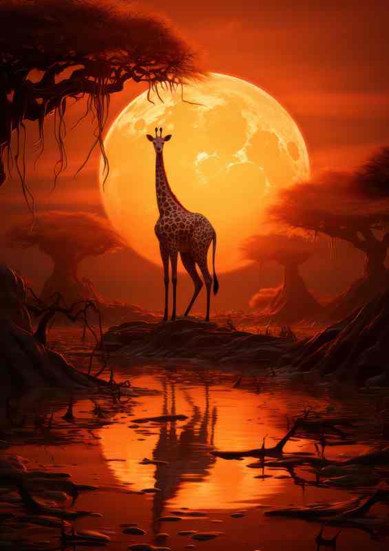 Silhouette Giraffe Reflections Metal Poster