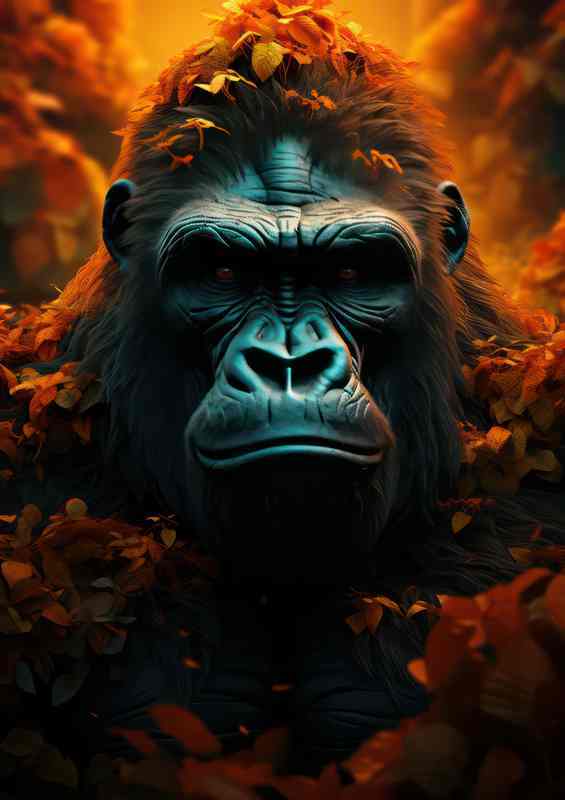 A Head of a gorilla playing the the autumn leaves | Metal Poster