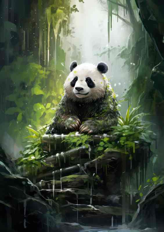 Panda Sitting in Waterfall | Metal Poster