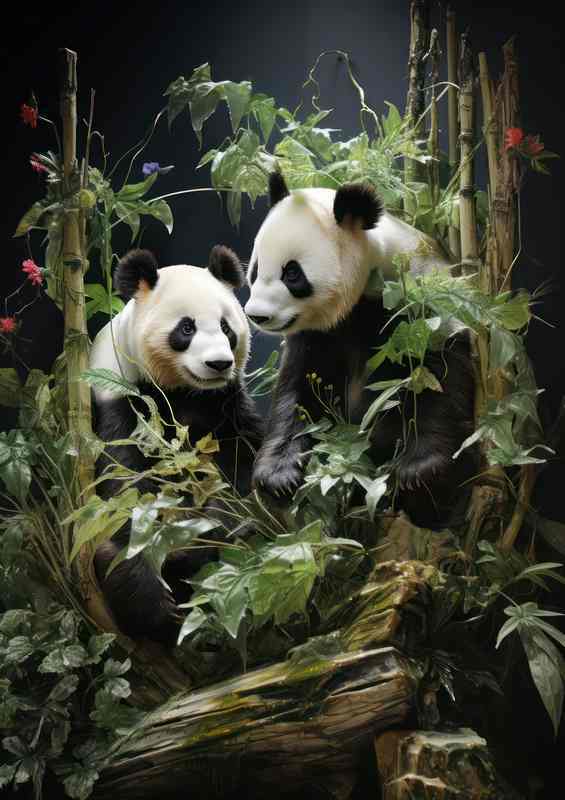 Pandas in Bamboo Trees Near Waterfalls | Metal Poster