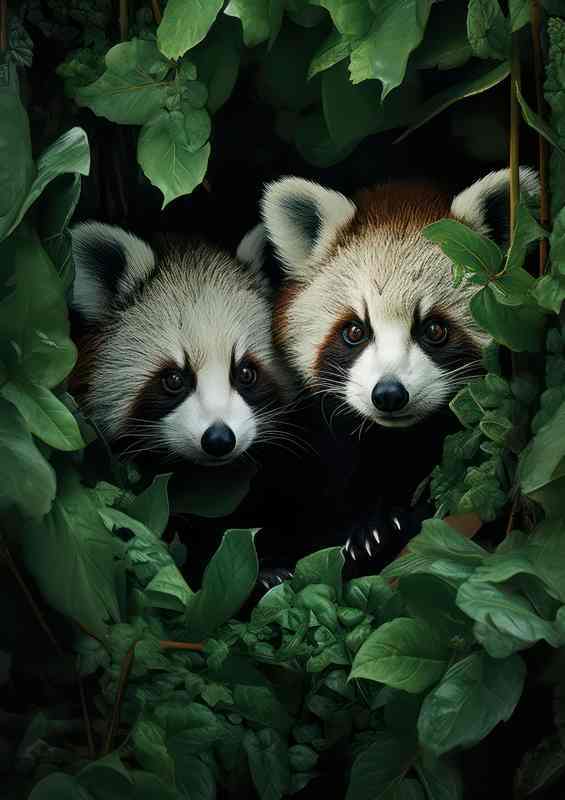 A Pair of red pandas peering through the leaves | Metal Poster