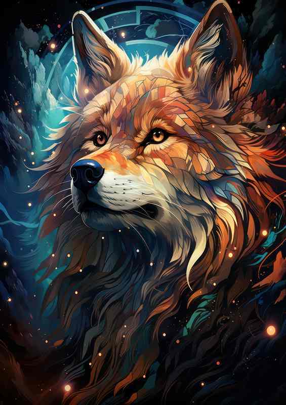 A Wolf surrounded by stars and fireflys | Metal Poster