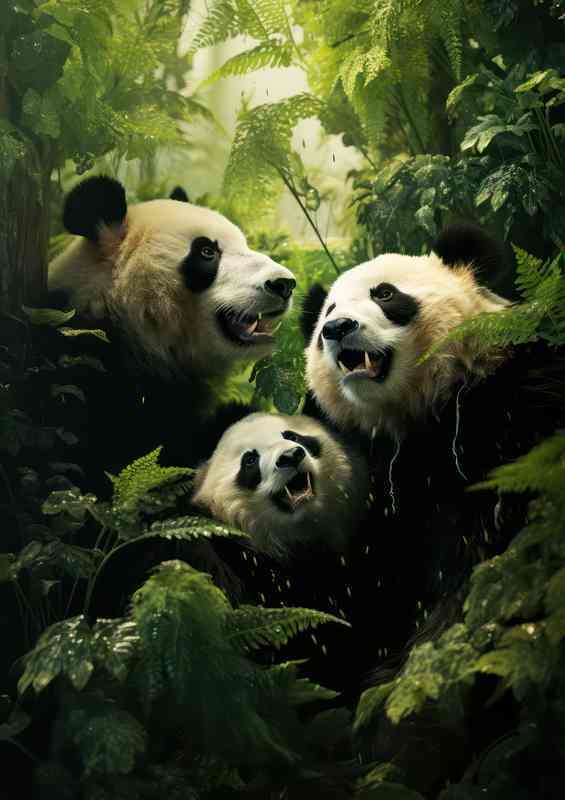 A little family of panda bears in the green forest | Metal Poster
