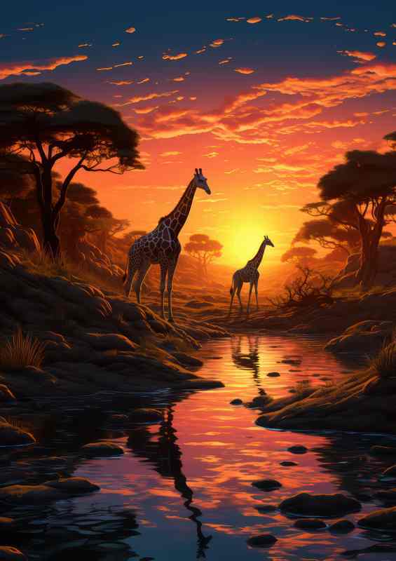 African Sunset Giraffes Metal Poster | By the River